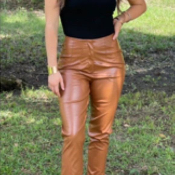 Lulus Camel Way To Cool Vegan Leather High-Waist Legging Zip Hem Stretch Pull-On - Picture 3 of 16